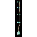 A turquoise matrix bead mounted guard chain with pendant drop,: 48cm long.