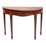 A George III mahogany and inlaid half round tea table:, crossbanded in kingwood,