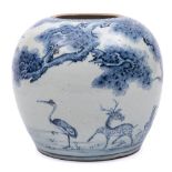 A Chinese blue and white 'deer and crane' globular jar: painted with deer and cranes amongst pine