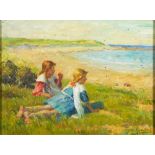 Manner of Newlyn School, signed Fred Powers- 'Summer'; girls resting on the edge of a beach,