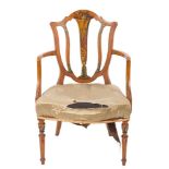 A late 19th century satinwood and decorated occasional elbow chair in the Hepplewhite taste:,