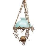 A 19th century French brass rise and fall chandelier: the six inverted scrolling arms issuing from