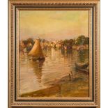 John Shapland [1865-1929]- The fishing fleet entering a harbour at sunset:- signed bottom right oil