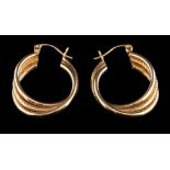 A pair of 9 carat gold hoops earrings,: the twisted hoops with post fittings,