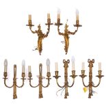 Three pairs of gilt metal twin-light wall appliques,
