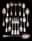 A collection of matched silver Fiddle pattern flatwares, various makers and dates: crested,
