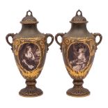 A pair of Royal Bonn (Franz Anton Mehlem) pottery vases and covers: of footed oviform domed covers,