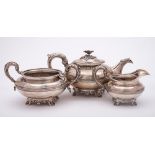 A William IV silver matched three-piece tea service: of squat globular form with reeded ribbed