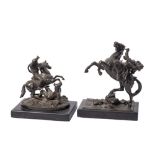 A late 19th century bronze equestrian figure: of a knight on a rearing horse,