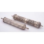 A Persian white metal scroll holder: of traditional cylindrical outline, with pull-off top,
