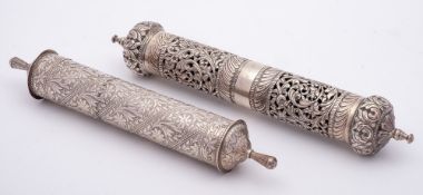 A Persian white metal scroll holder: of traditional cylindrical outline, with pull-off top,