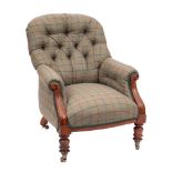 A Victorian mahogany button back armchair:, fully upholstered in sage green tartan fabric,
