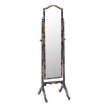 A blue lacquer and chinoiserie swing frame cheval mirror:, of domed outline, decorated with figures,