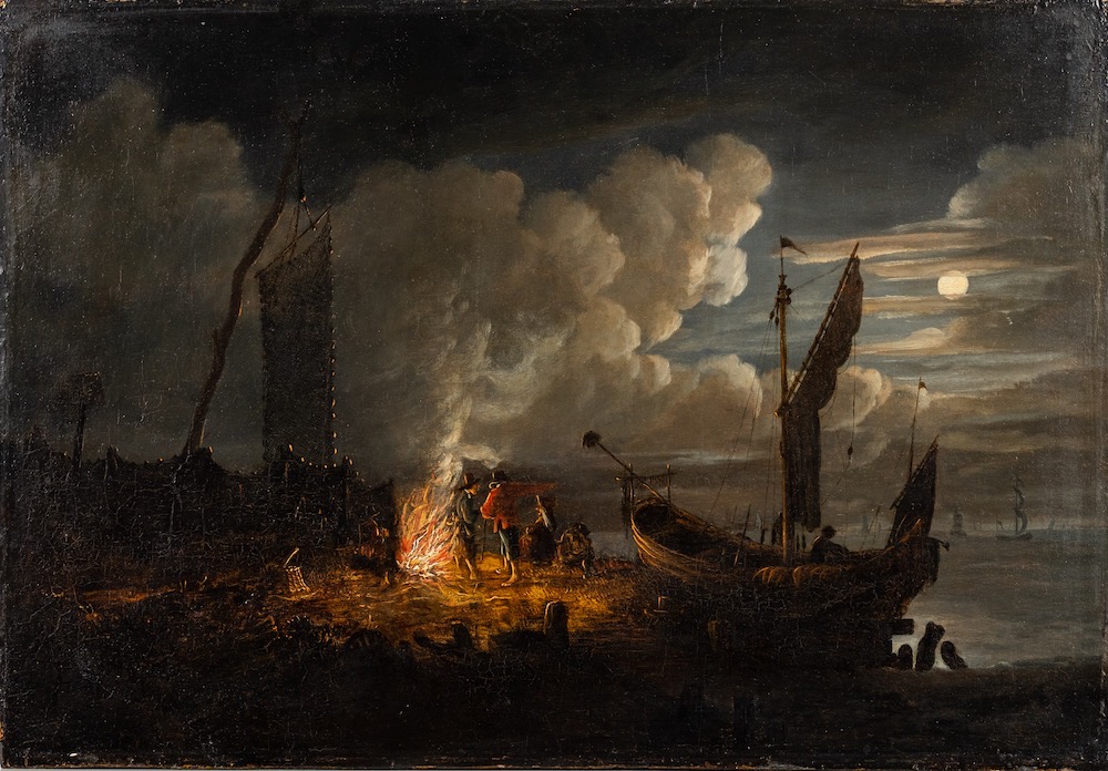 English School Circa 1800- Fisherfolk in a moonlit calm, figures beside a fire in the foreground,