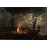 English School Circa 1800- Fisherfolk in a moonlit calm, figures beside a fire in the foreground,