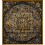 A Far Eastern thanka: of traditional design painted in gold and silver coloured paint to a black