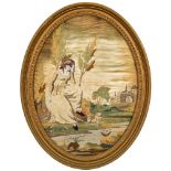 A Regency silkwork oval picture: depicting a young lady with her dog seated beside a castle stream,
