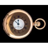 A 9 carat gold half hunter pocket watch,: the white enamel dial with black Roman numerals,