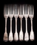 A matched set of six silver Fiddle and Thread pattern table forks,
