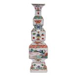 A Chinese famille verte square section triple-gourd vase: painted with alternating panels of