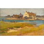 * Charles H H Burleigh [1875-1956]- Lowland Riverside, view to fishermen and buildings,