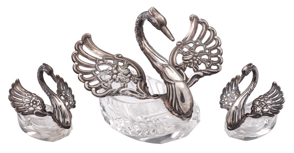 A pair of Continental white metal and cut glass salts : modelled as cygnets, - Image 2 of 2