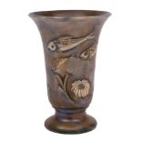 A William Moorcroft trumpet shaped vase: decorated and tube lined in the 'Fish' design under matt