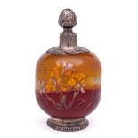 An early Emile Gallé silver-mounted glass scent bottle and stopper: of large size, in red,