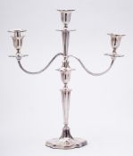 An Elizabeth II silver three branch candelabra, maker Walker & Hall, Sheffield,