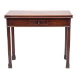 A George III mahogany rectangular card table:, the baize lined hinged top with a moulded edge,