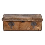 An 18th Century Continental hide covered and steel mounted and studded domed trunk:,