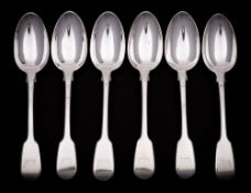 A set of six William IV silver fiddle pattern dessert spoons, maker Richard Chatterton, London,