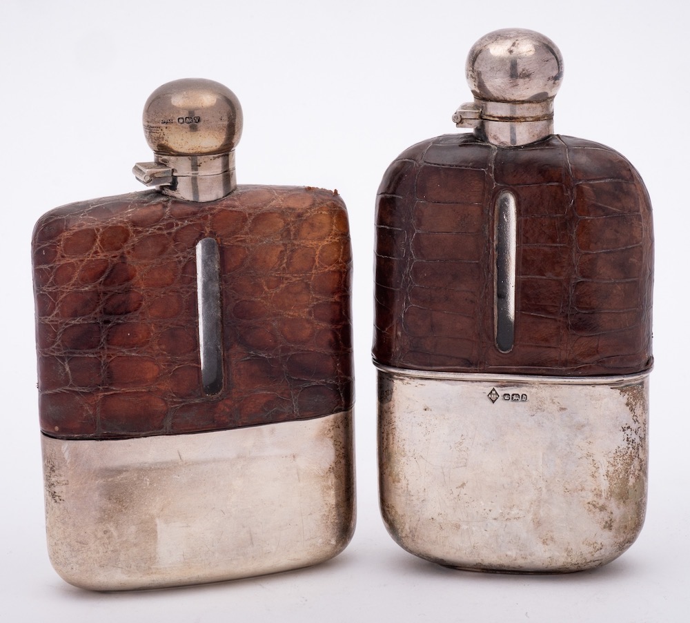 A George VI glass, silver and leather mounted hip flask, maker James Dixon & Sons, Sheffield,