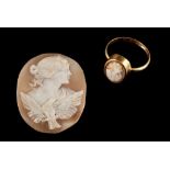 A shell cameo ring,: the oval shell cameo carved with a woman's profile,
