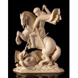 A Continental carved ivory group of St George and the Dragon: the Saint on a rearing horse