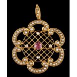 A pink tourmaline and pearl pendant/brooch,