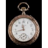 A German open face pocket watch by Saxonia,: circa 1900, the white enamel dial with black numerals,