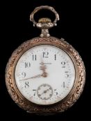 A German open face pocket watch by Saxonia,: circa 1900, the white enamel dial with black numerals,