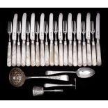 A set of ten George V silver and mother-of-pearl handled fruit knives, maker Alexander Clark & Co,