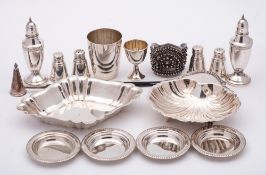 A mixed collection of sterling and foreign silver and plated wares: includes, lozenge shaped dish,