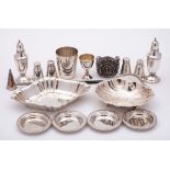 A mixed collection of sterling and foreign silver and plated wares: includes, lozenge shaped dish,