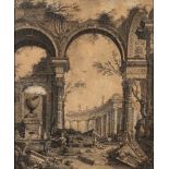 Manner of Giovanni Paolo Pannini [late 18/19th Century]- Figures amongst classical ruins,:- pen,