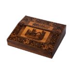 A 19th century Tunbridge ware writing slope: the hinged fall front decorated with a view of