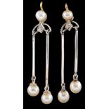 A pair of pearl and diamond ear pendants,: the pear drops suspended below polished bars,