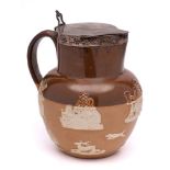 A Doulton Lambeth silver-mounted brown stoneware harvest jug: applied with traditional hunting