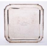 A George V silver presentation tray, maker Martin Hall & Co Ltd, Sheffield, 1929: inscribed,