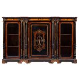 A Victorian ebonised, marquetry and amboyna banded credenza in Aesthetic Movement taste, circa 1875,