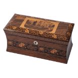 A 19th century Tunbridge ware tea caddy: of rectangular and waisted outline,