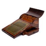A rosewood and parquetry piano top writing slope: the hinged lids with tumbling cube decoration