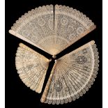 A group of three Chinese Canton pierced ivory brise fans: the guards variously carved with peonies